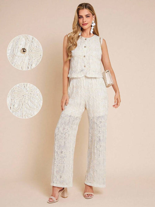 Woman wearing a white lace outfit with close-up details on a beige background