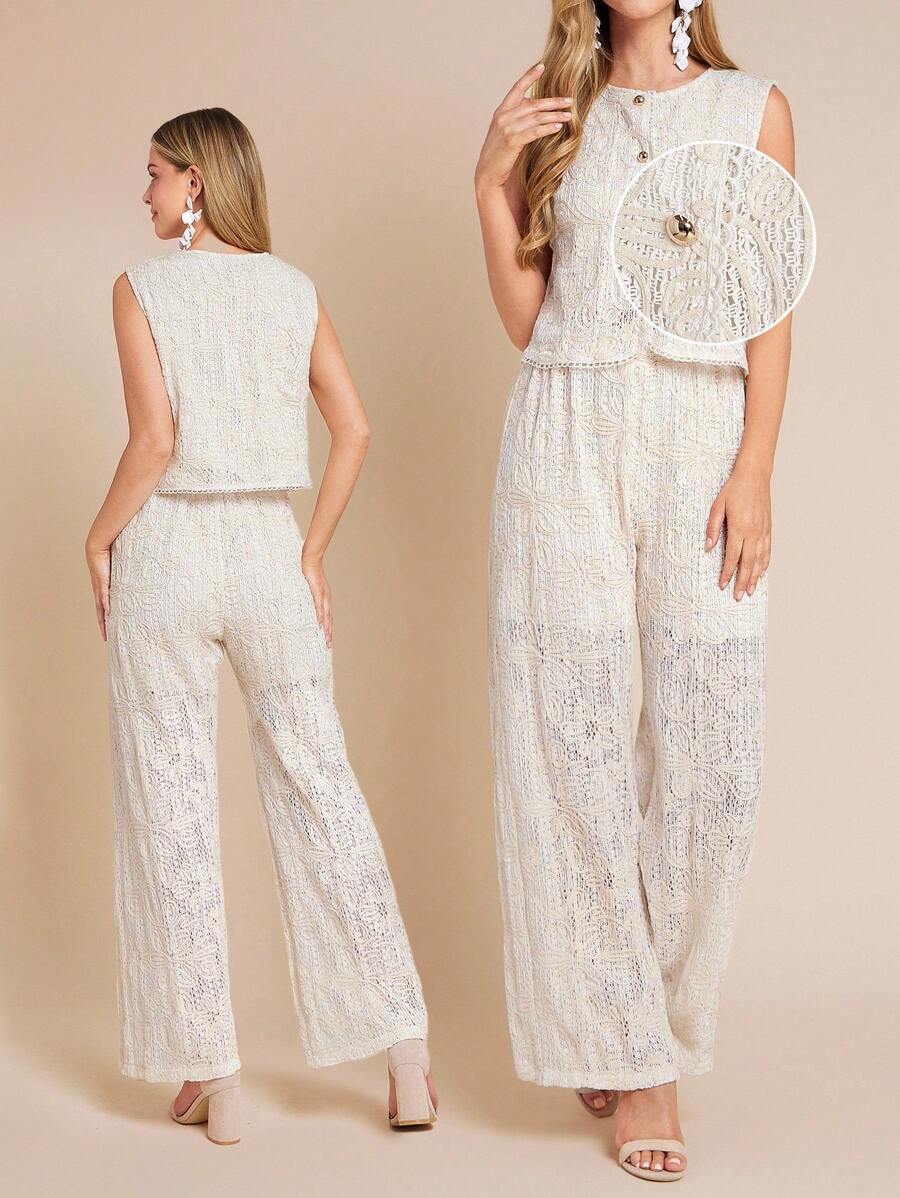 Woman wearing a white lace outfit on a beige background