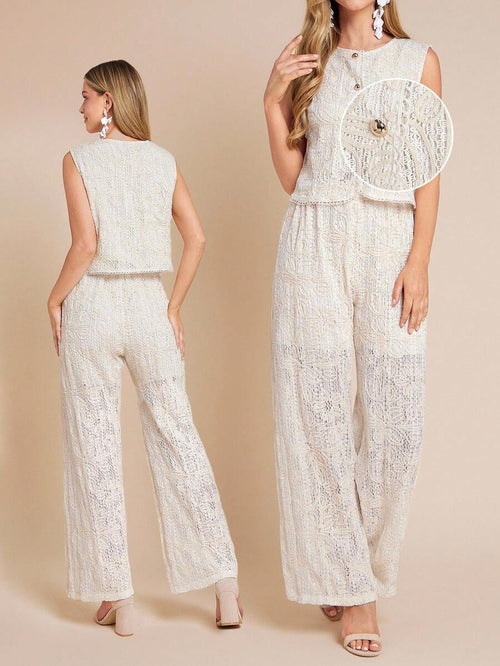 Woman wearing a white lace outfit on a beige background