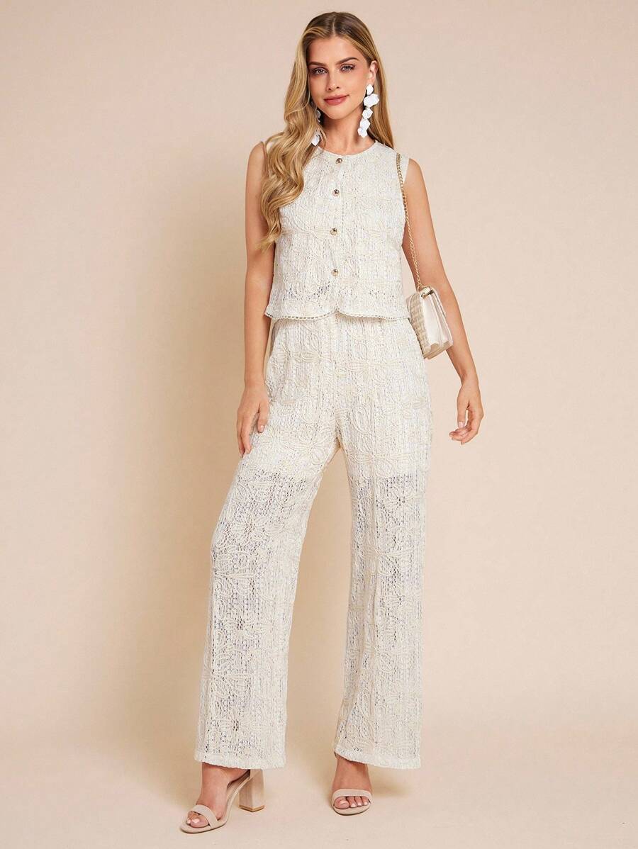 Woman wearing a white lace outfit on a beige background