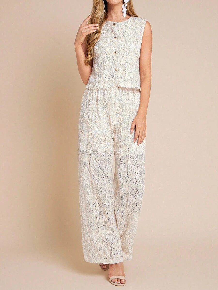 Woman wearing a white lace outfit on a beige background