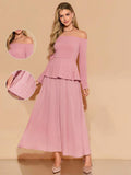 Woman wearing a pink off-shoulder dress with close-up insets on a beige background