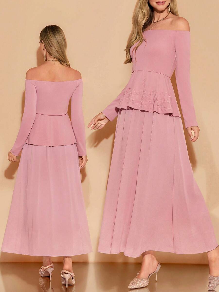 Pink off-shoulder dress worn by a model on a beige background