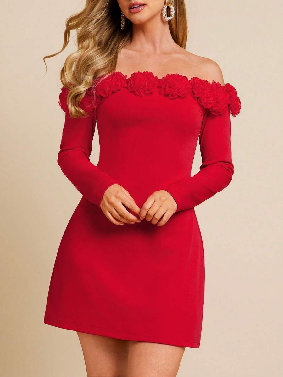 Red off-shoulder dress with floral details on a beige background