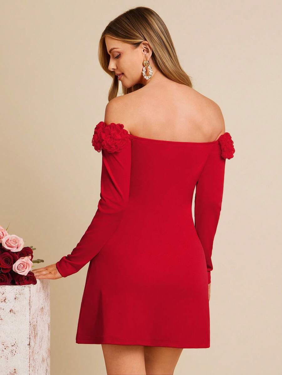 Red off-shoulder dress with floral details on a beige background