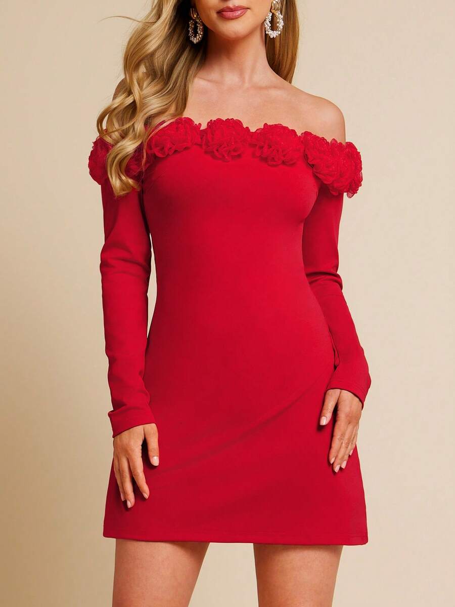 Red off-shoulder dress with floral details on a beige background