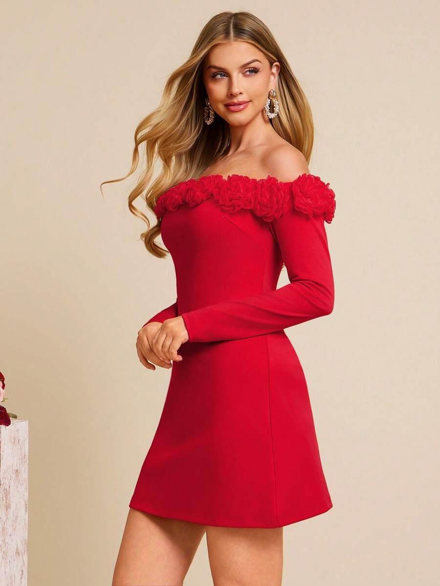 Woman wearing a red off-shoulder dress with floral details on a beige background