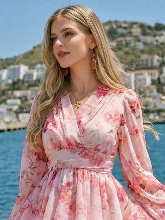 Woman in a pink floral dress standing by a waterfront with buildings in the background